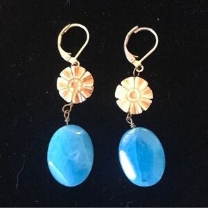 Blue Quartz and Wood Flower Dangle Earrings